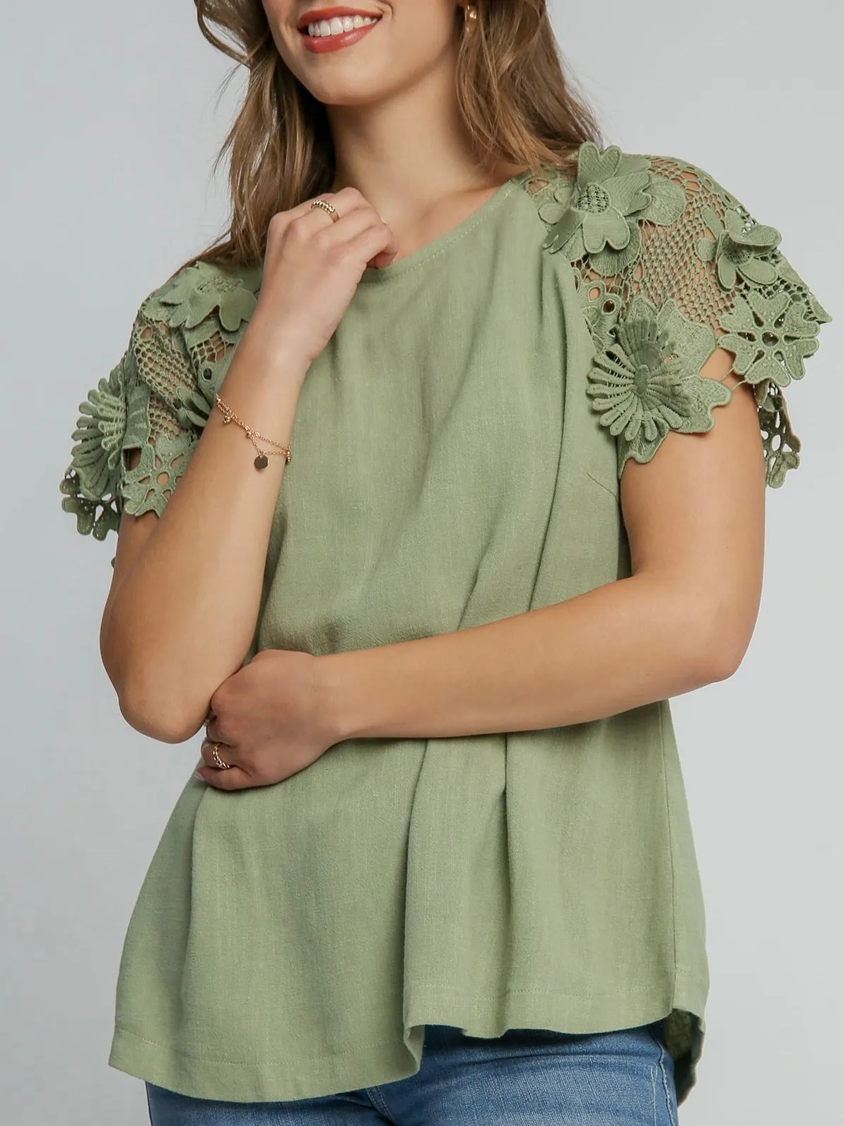 Lace Sleeve Top - Sage FINAL SALE