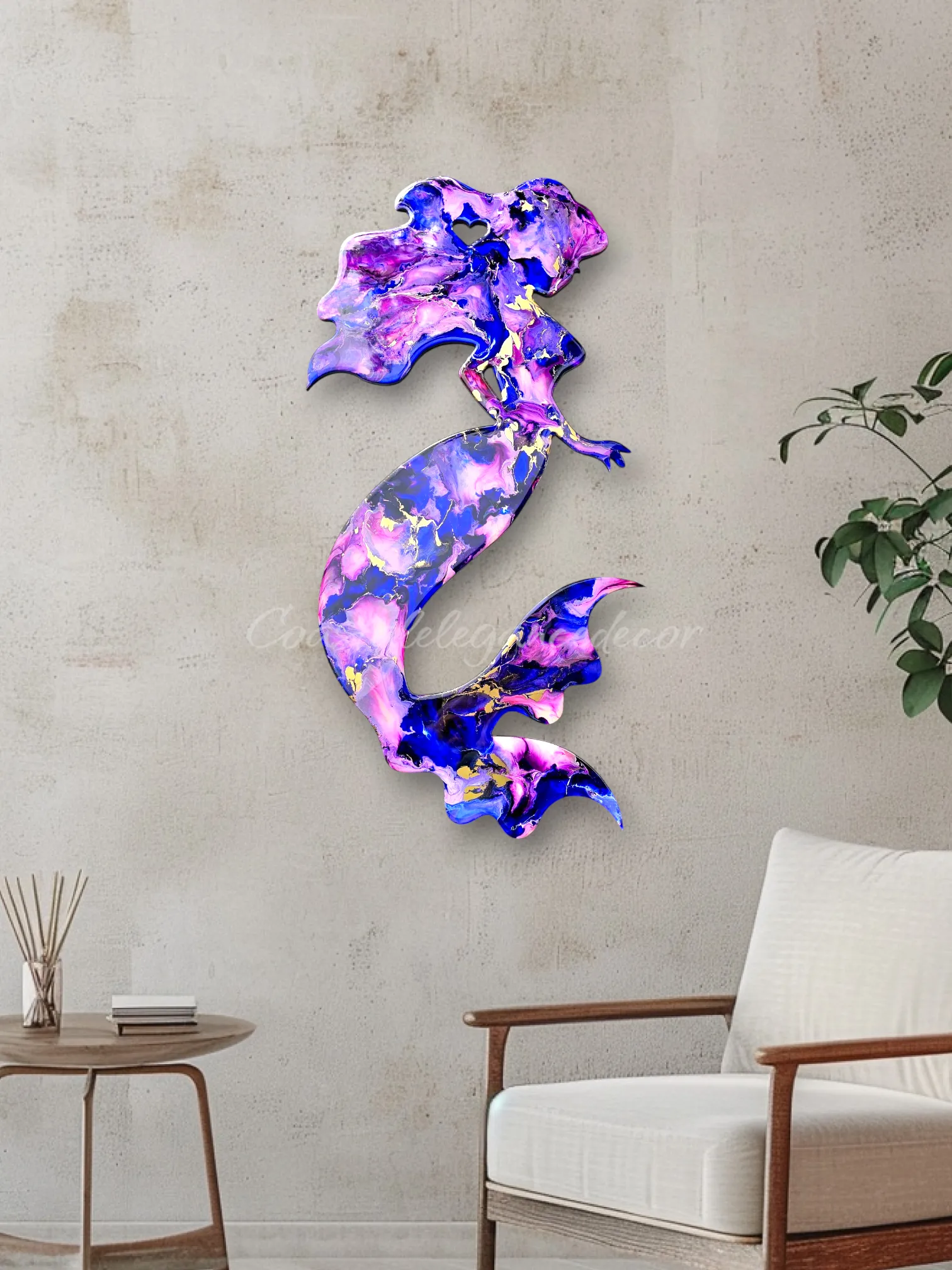 Large Handmade Big Hair Curvy Tail Gorgeously Colored Purple and Pinks Mermaid Wall Art