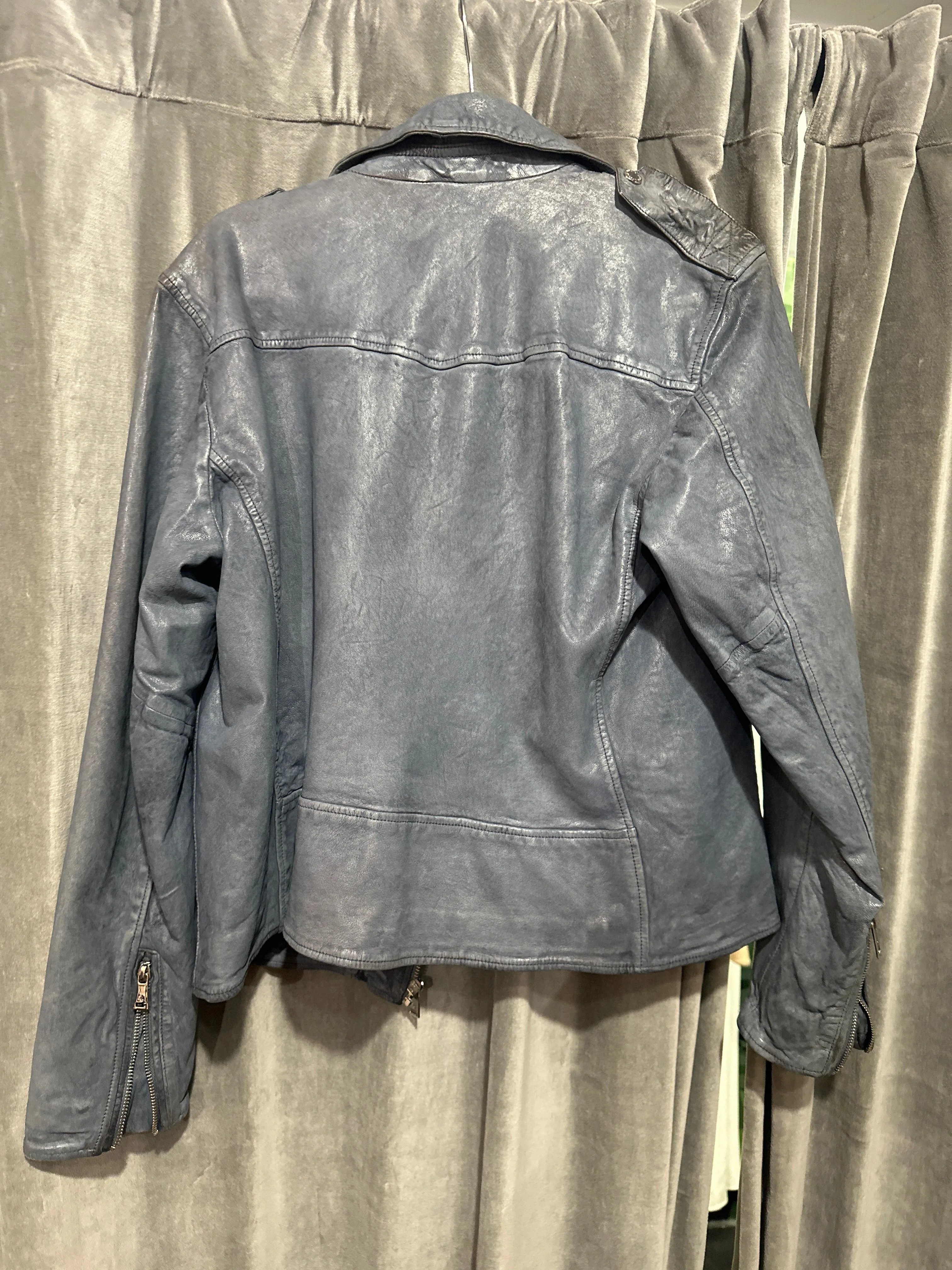 LAUREN Ralph Lauren 'Indigo' Blue Leather Moto Jacket with Silver Hardware