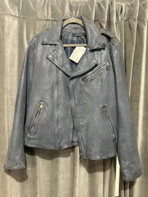 LAUREN Ralph Lauren 'Indigo' Blue Leather Moto Jacket with Silver Hardware