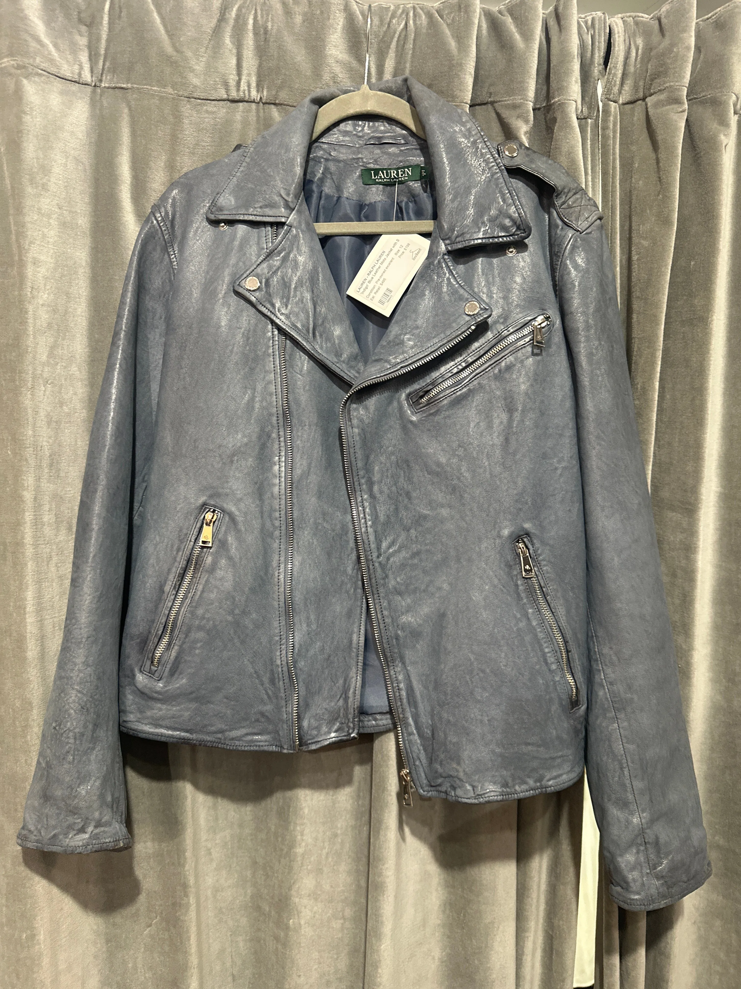 LAUREN Ralph Lauren 'Indigo' Blue Leather Moto Jacket with Silver Hardware