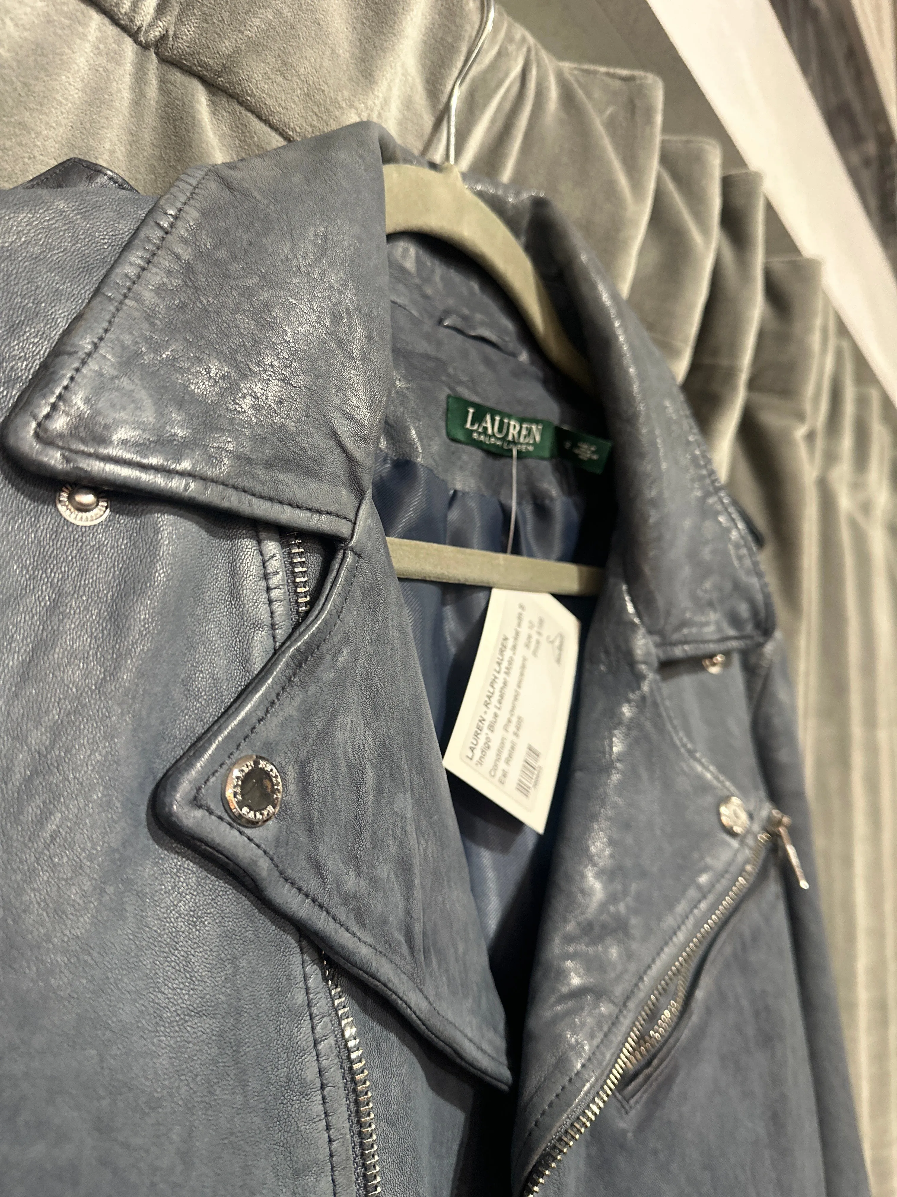 LAUREN Ralph Lauren 'Indigo' Blue Leather Moto Jacket with Silver Hardware
