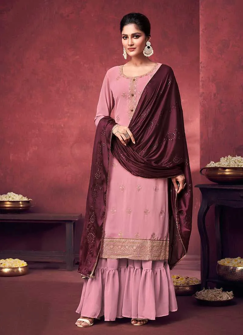 Lemonade Pink and Maroon Embroidered Sharara Style Suit