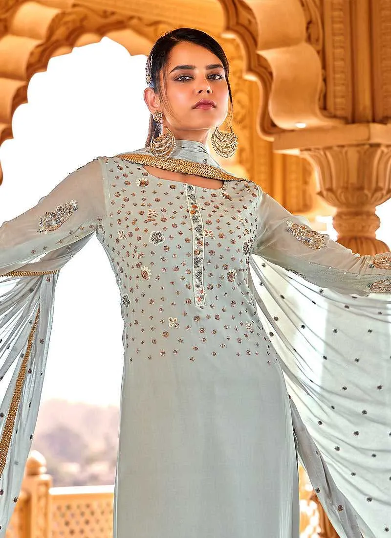 Light Blue Heavy Embroidered Straight Pant Style Suit