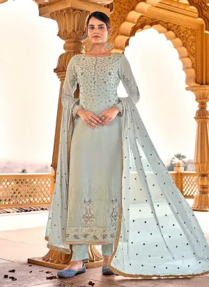 Light Blue Heavy Embroidered Straight Pant Style Suit