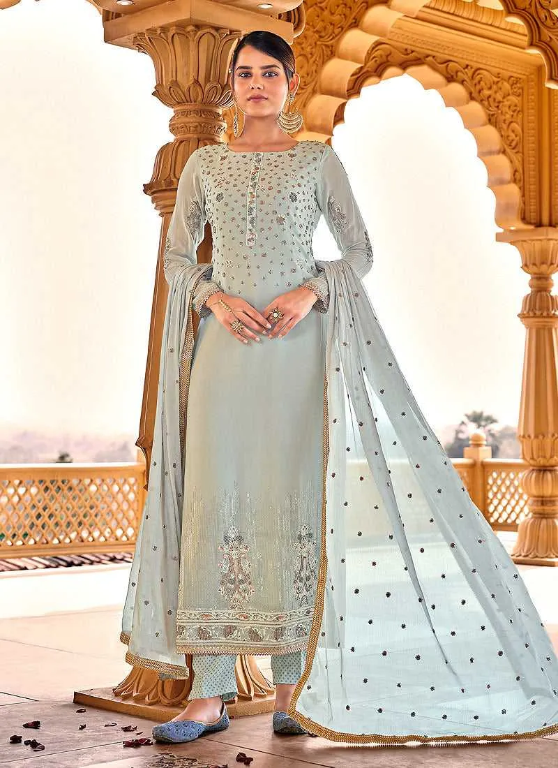 Light Blue Heavy Embroidered Straight Pant Style Suit