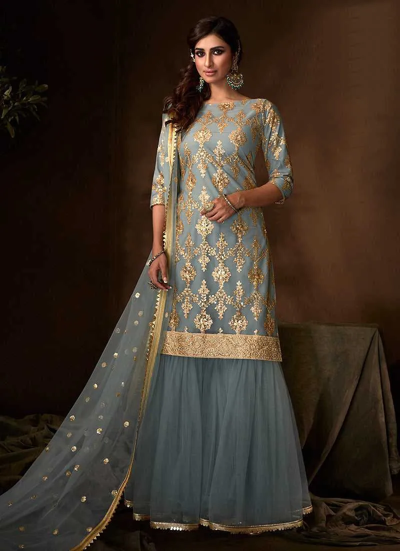 Light Blue Sequins Work Embroidered Gharara Style Suit