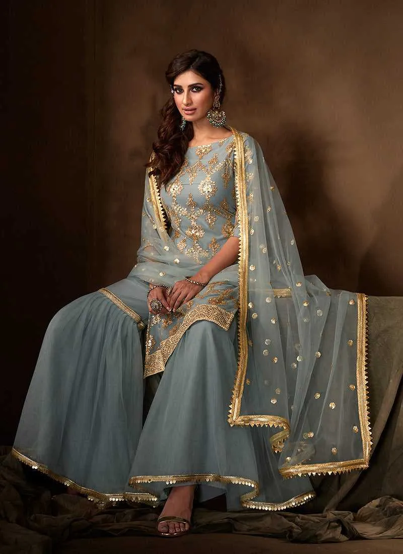 Light Blue Sequins Work Embroidered Gharara Style Suit