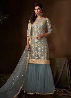 Light Blue Sequins Work Embroidered Gharara Style Suit