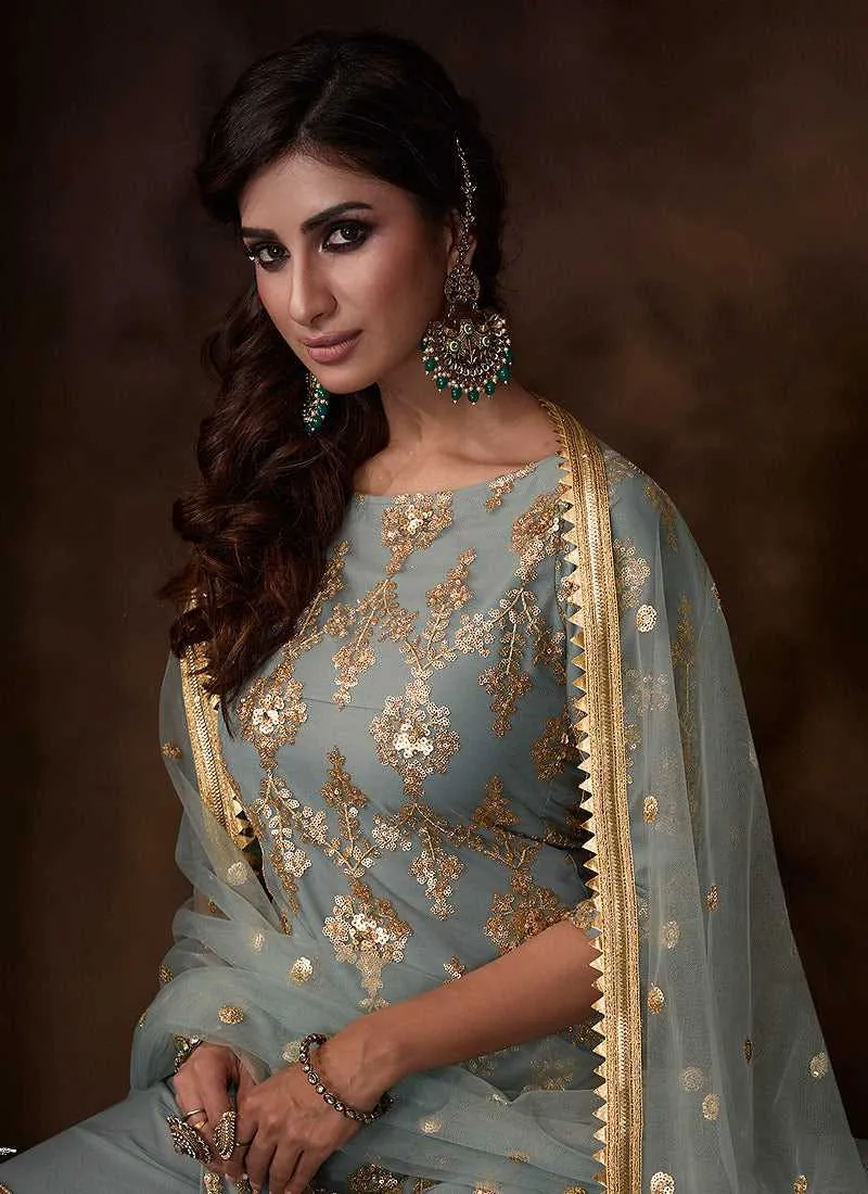 Light Blue Sequins Work Embroidered Gharara Style Suit