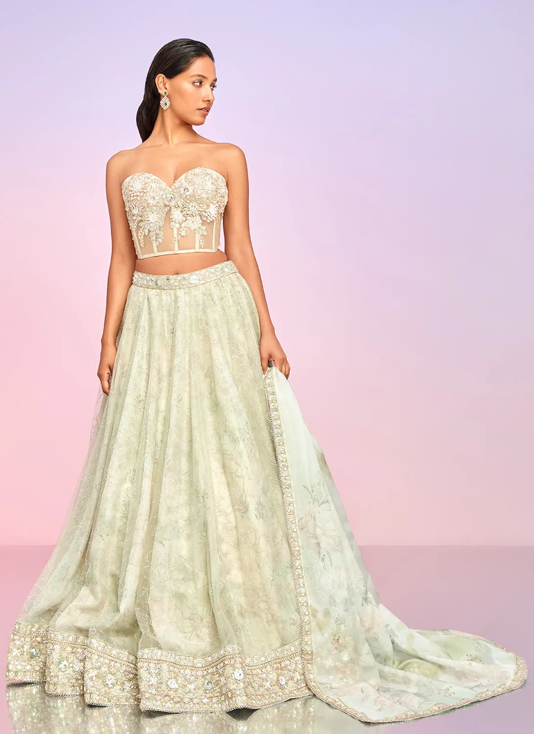 Light Green Floral Embellished Corset Style Lehenga
