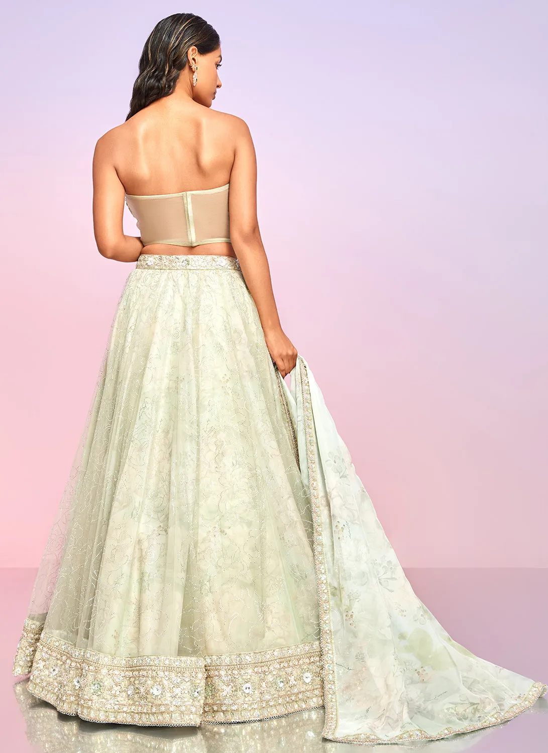 Light Green Floral Embellished Corset Style Lehenga