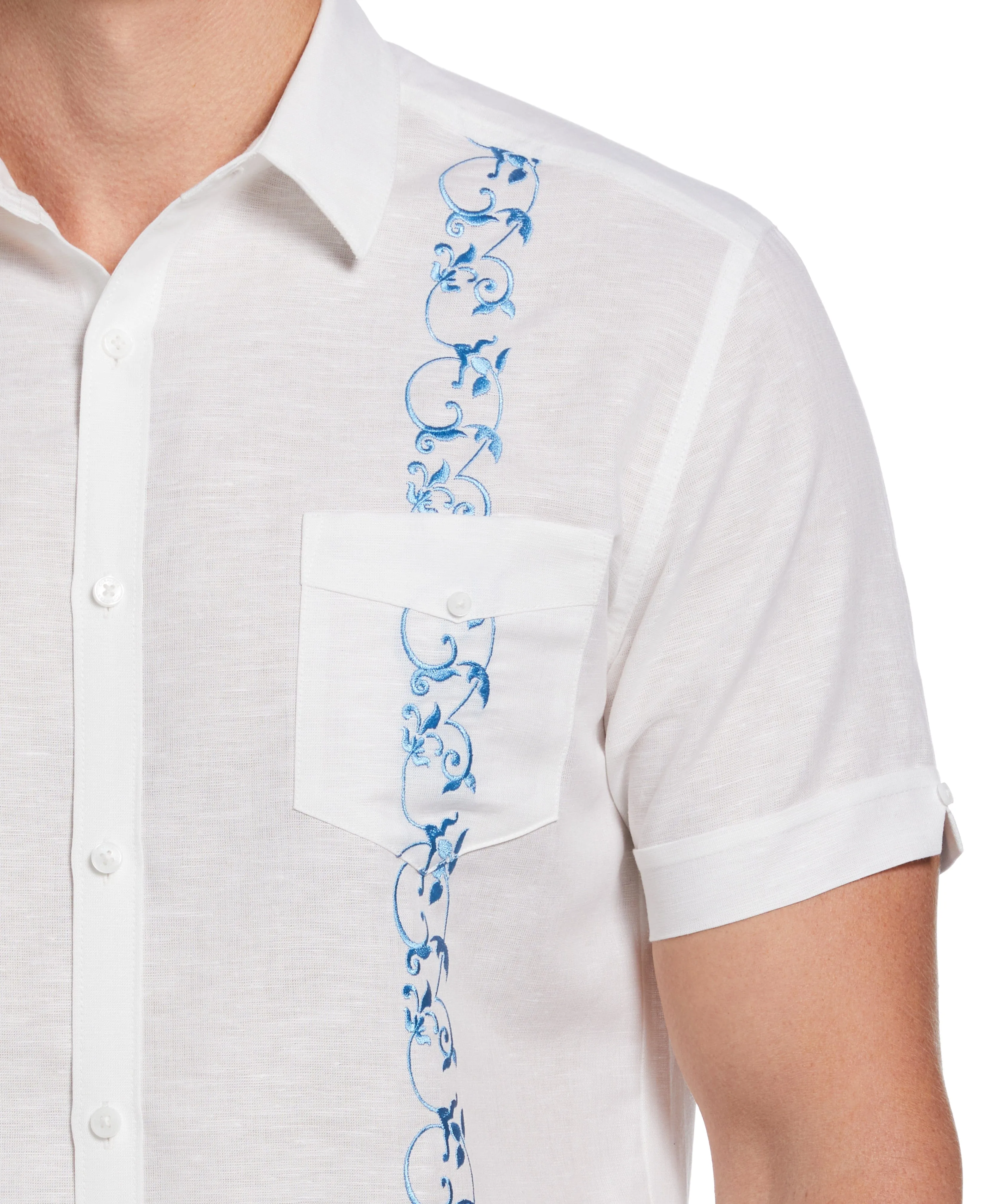 Linen Blend Contrast Embroidery Guayabera Shirt