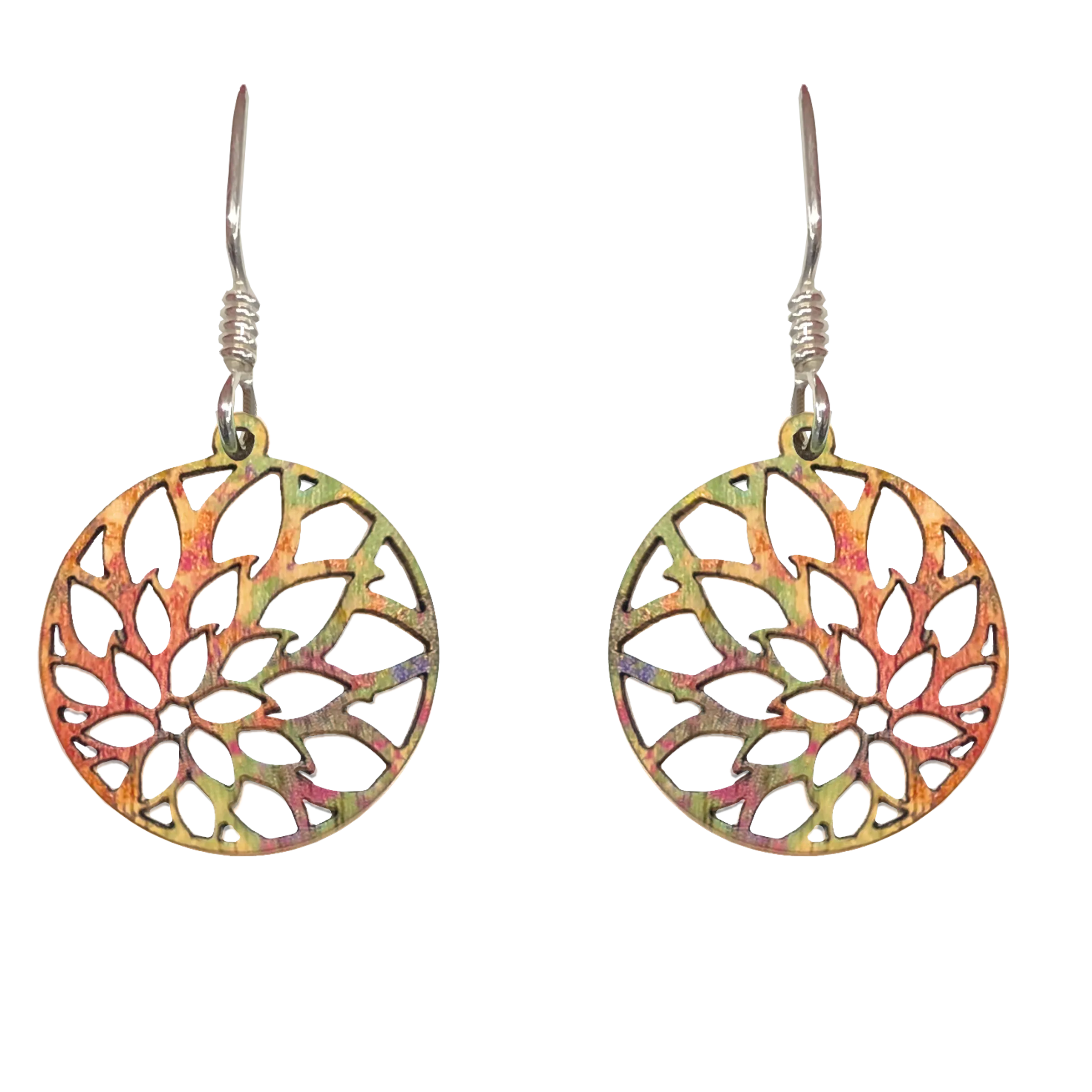 Mandala Colorful Zinnia Circle, Wood Earrings, Sterling Silver Earwires, Made in the U.S.A.