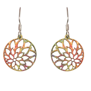 Mandala Colorful Zinnia Circle, Wood Earrings, Sterling Silver Earwires, Made in the U.S.A.