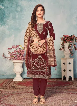 Maroon and Gold Embroidered Trendy Pant Style Suit