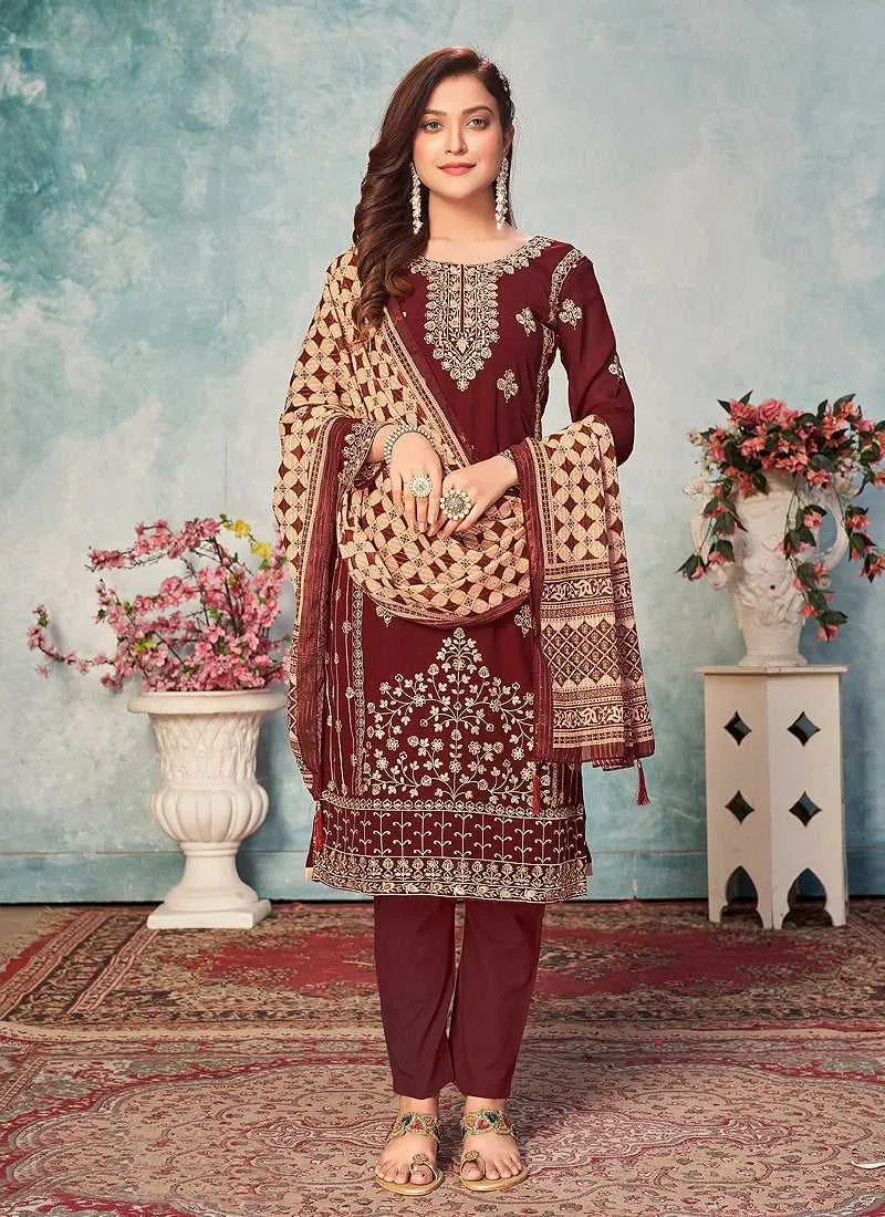 Maroon and Gold Embroidered Trendy Pant Style Suit