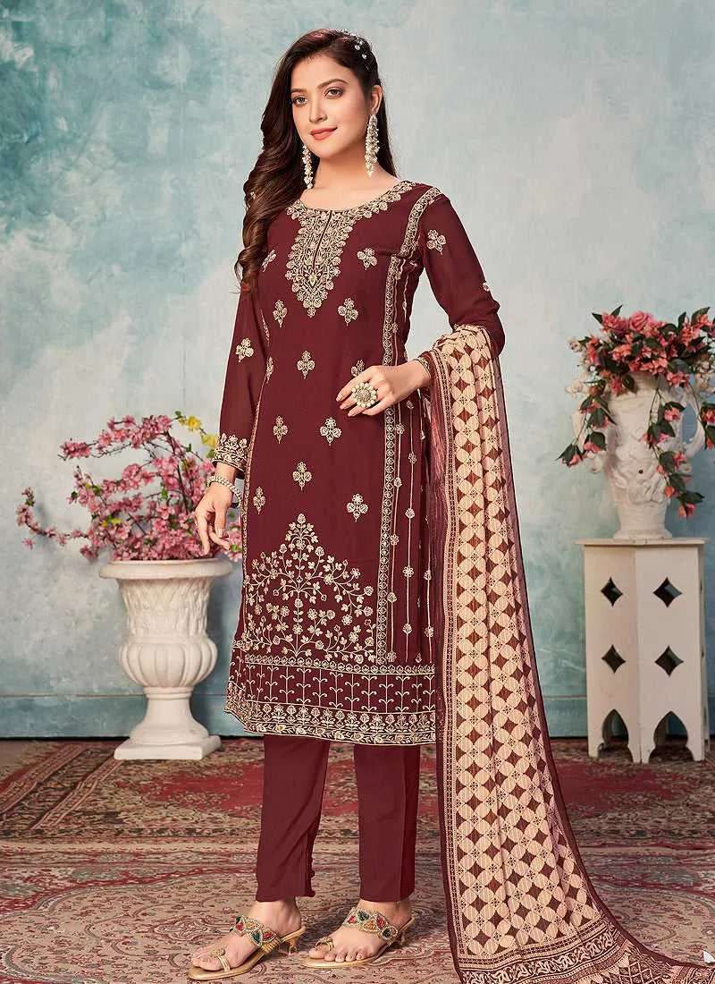 Maroon and Gold Embroidered Trendy Pant Style Suit