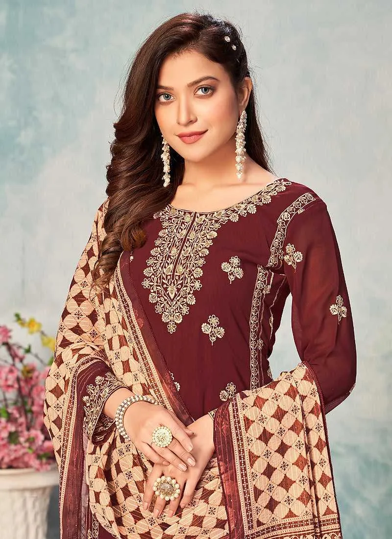 Maroon and Gold Embroidered Trendy Pant Style Suit