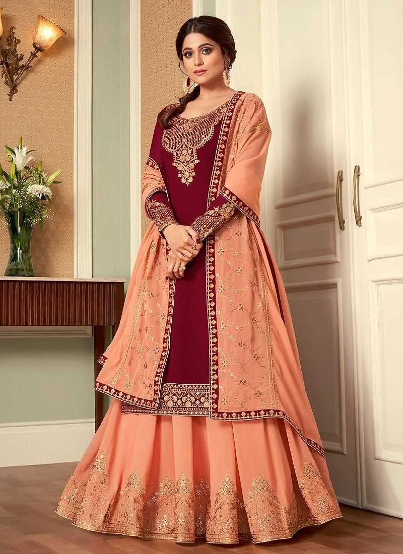 Maroon and Peach Embroidered Lehenga Style Anarkali Suit