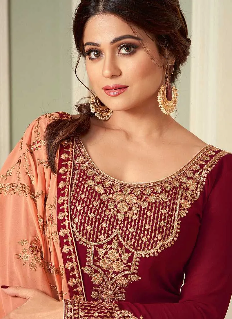 Maroon and Peach Embroidered Lehenga Style Anarkali Suit