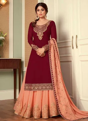Maroon and Peach Embroidered Lehenga Style Anarkali Suit