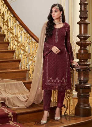 Maroon Embroidered Straight Pant Style Suit