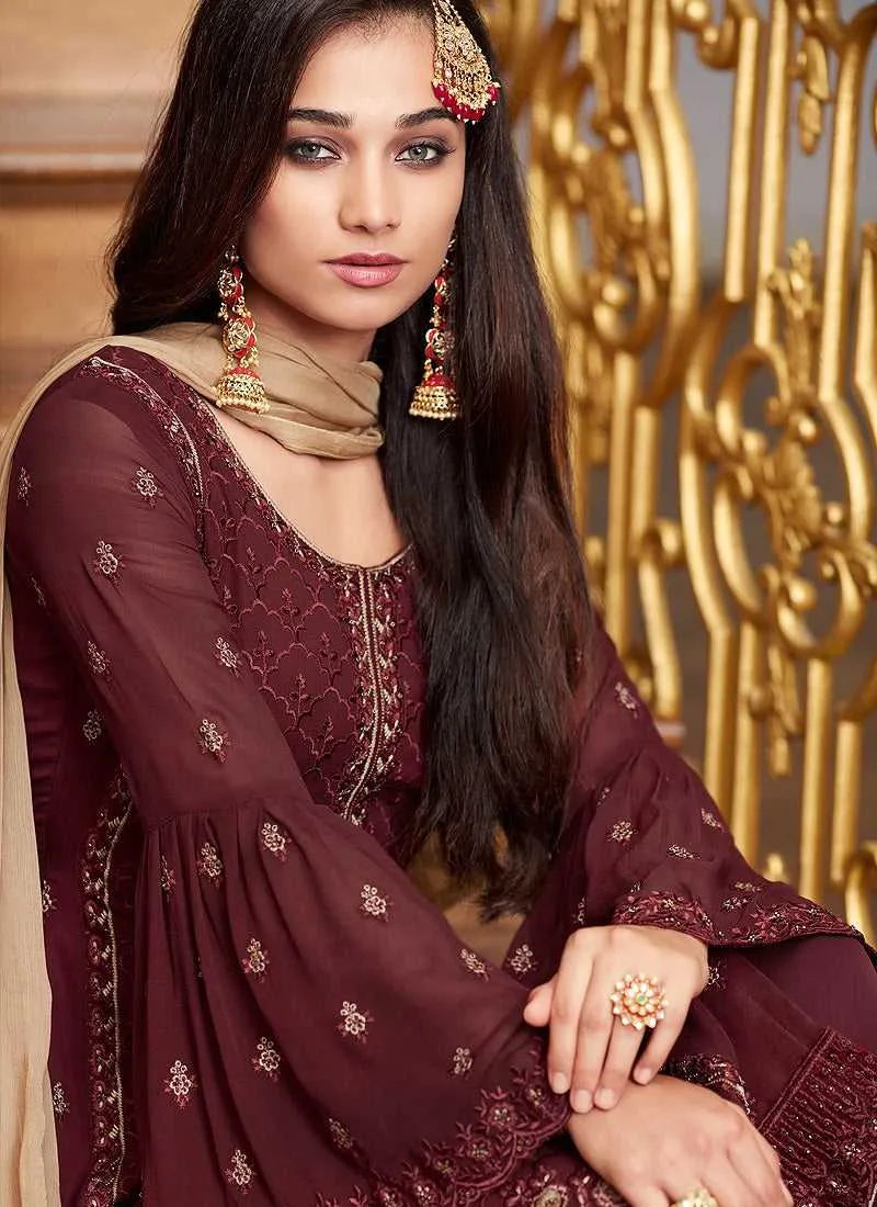 Maroon Embroidered Straight Pant Style Suit