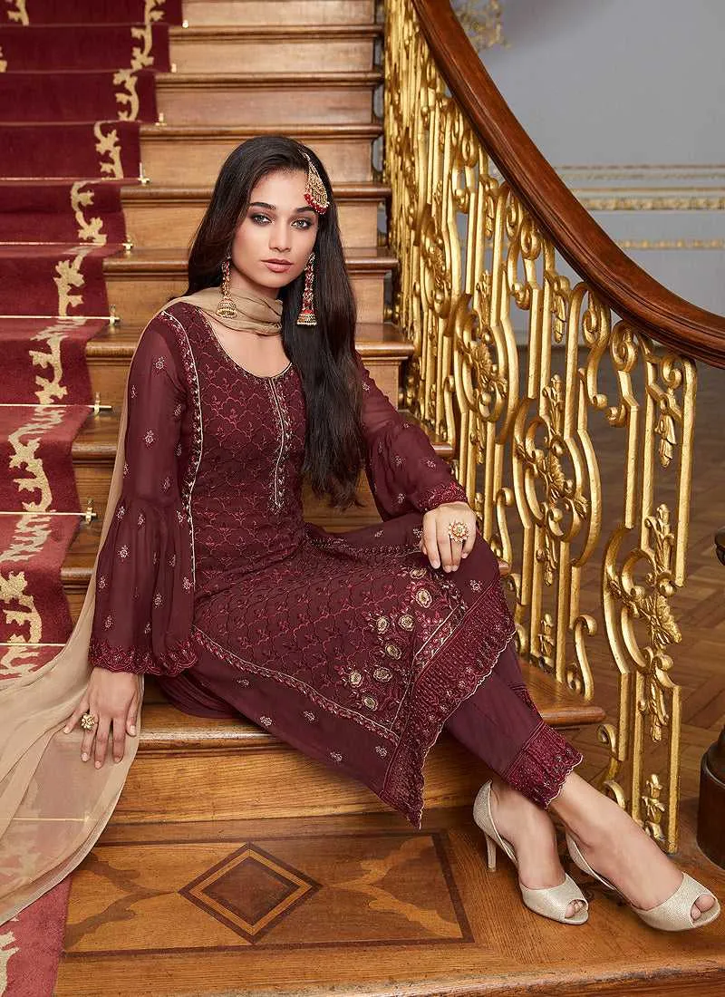 Maroon Embroidered Straight Pant Style Suit