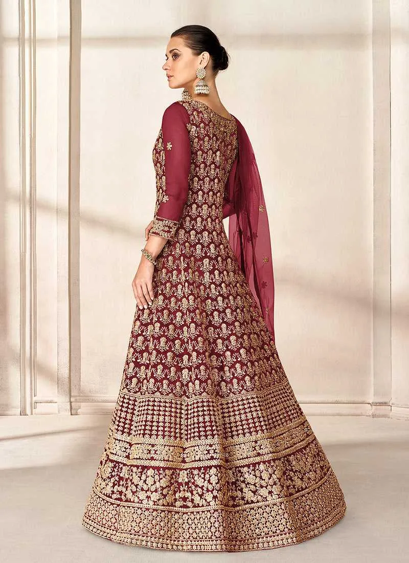 Maroon Heavy Embroidered High Slit Style Anarkali