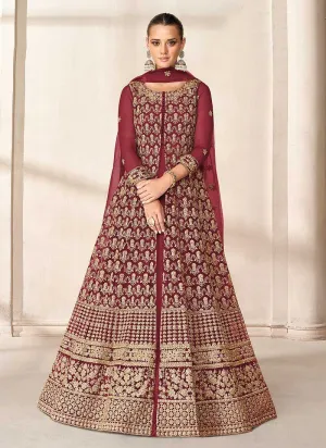 Maroon Heavy Embroidered High Slit Style Anarkali