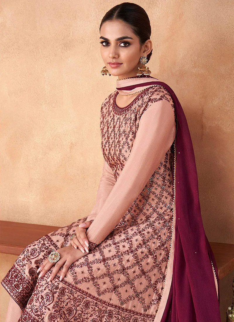Mauve Embroidered Sharara Style Suit