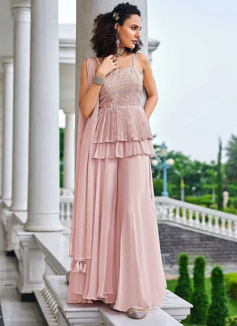 Mauve Pink Embroidered Stylish Sharara Style Suit