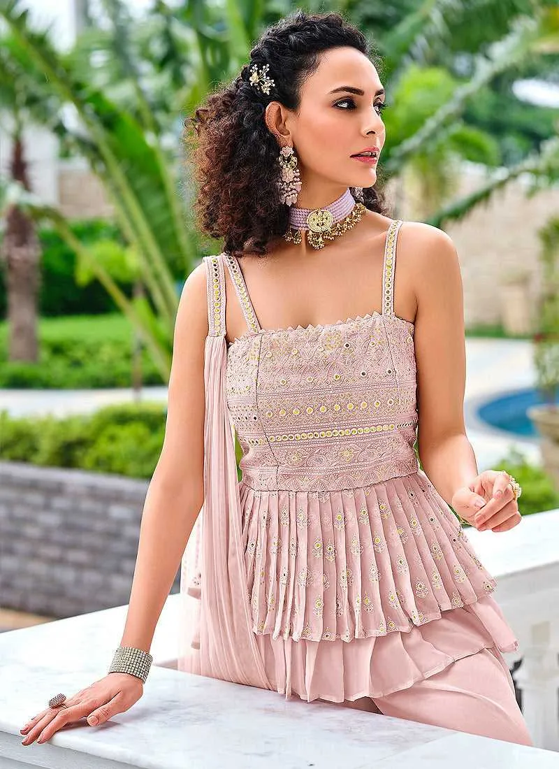 Mauve Pink Embroidered Stylish Sharara Style Suit