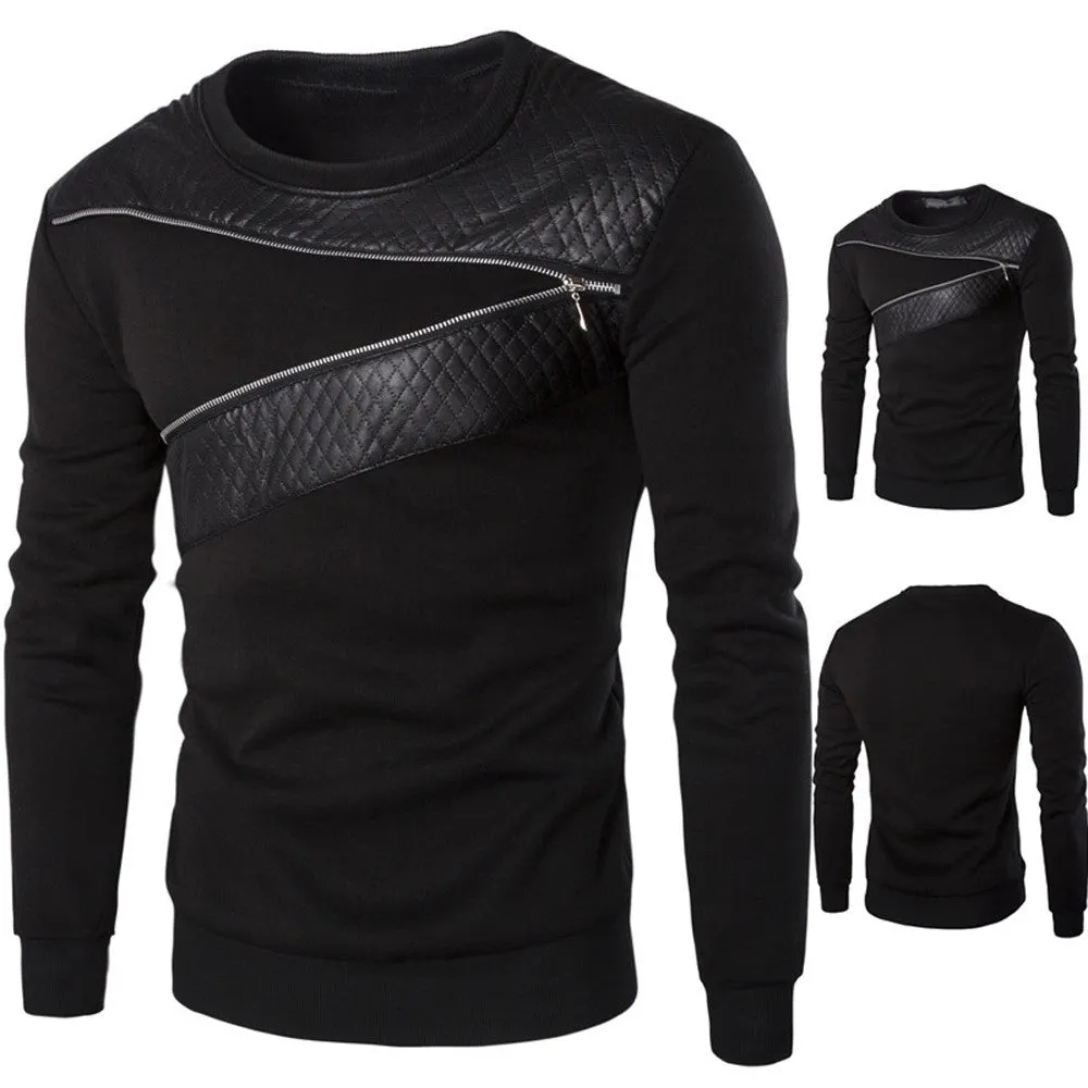 Men Winter Warm Splicing Leather Sweatshirt