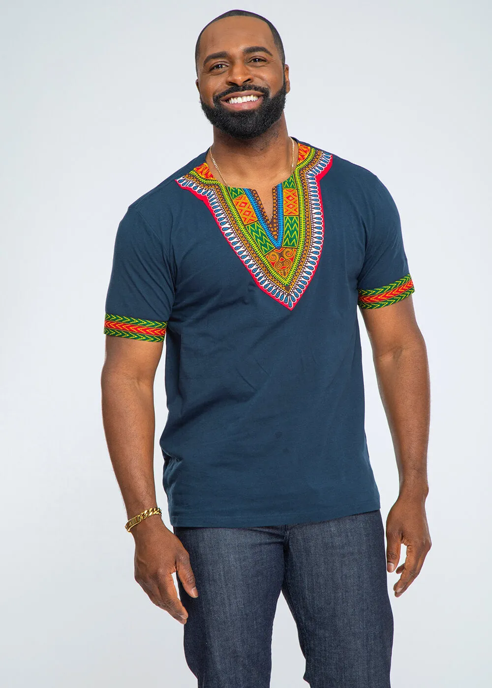 Men's African Print Dashiki T-Shirt (Navy)