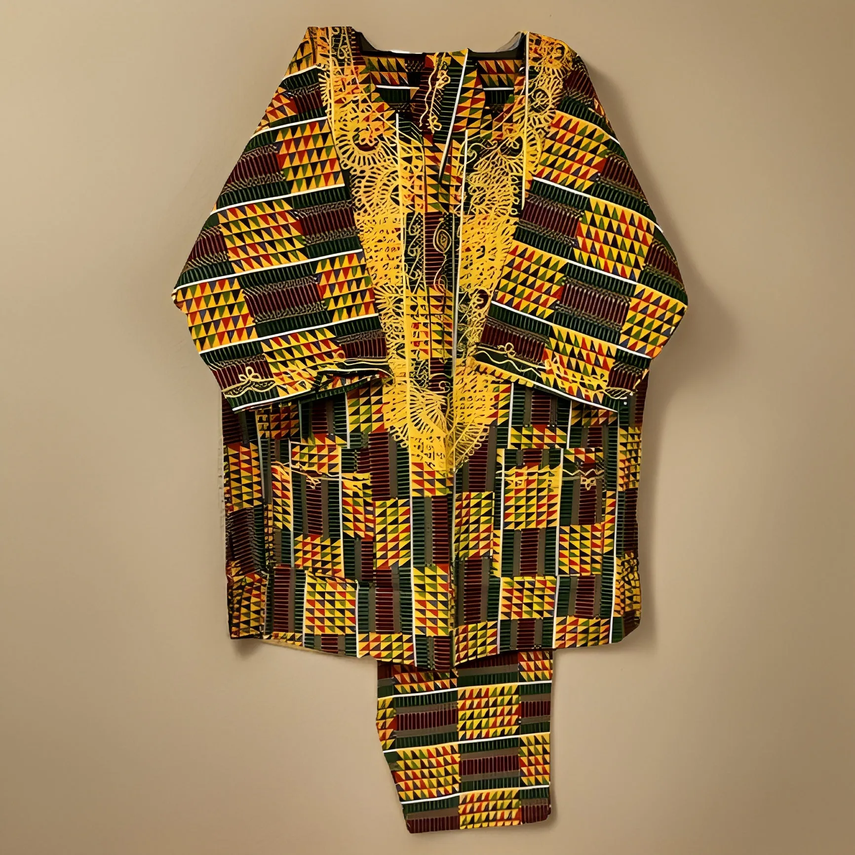 Men's Green Kente Print Dashiki Pants Set (Medium)