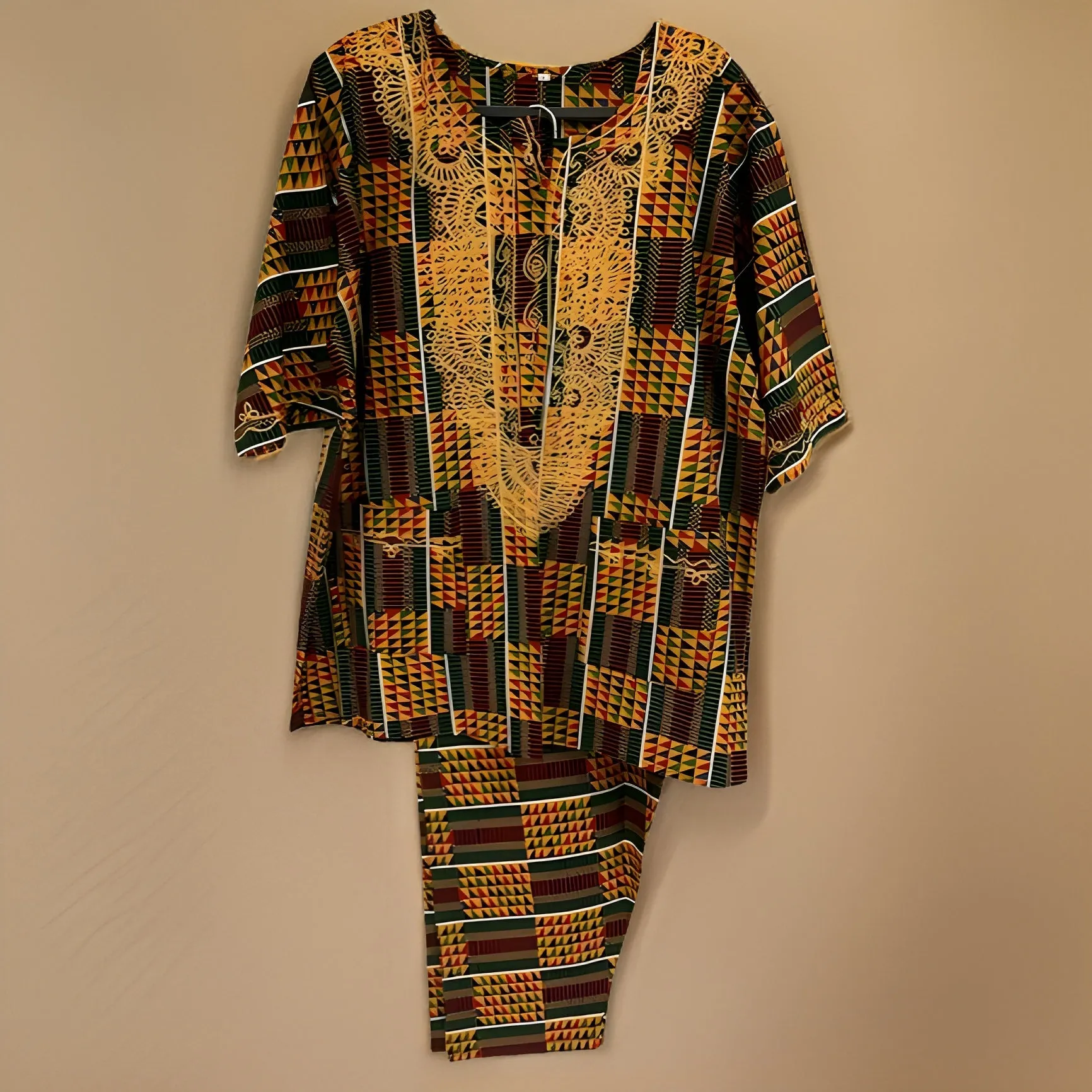 Men's Green Kente Print Dashiki Pants Set (Medium)