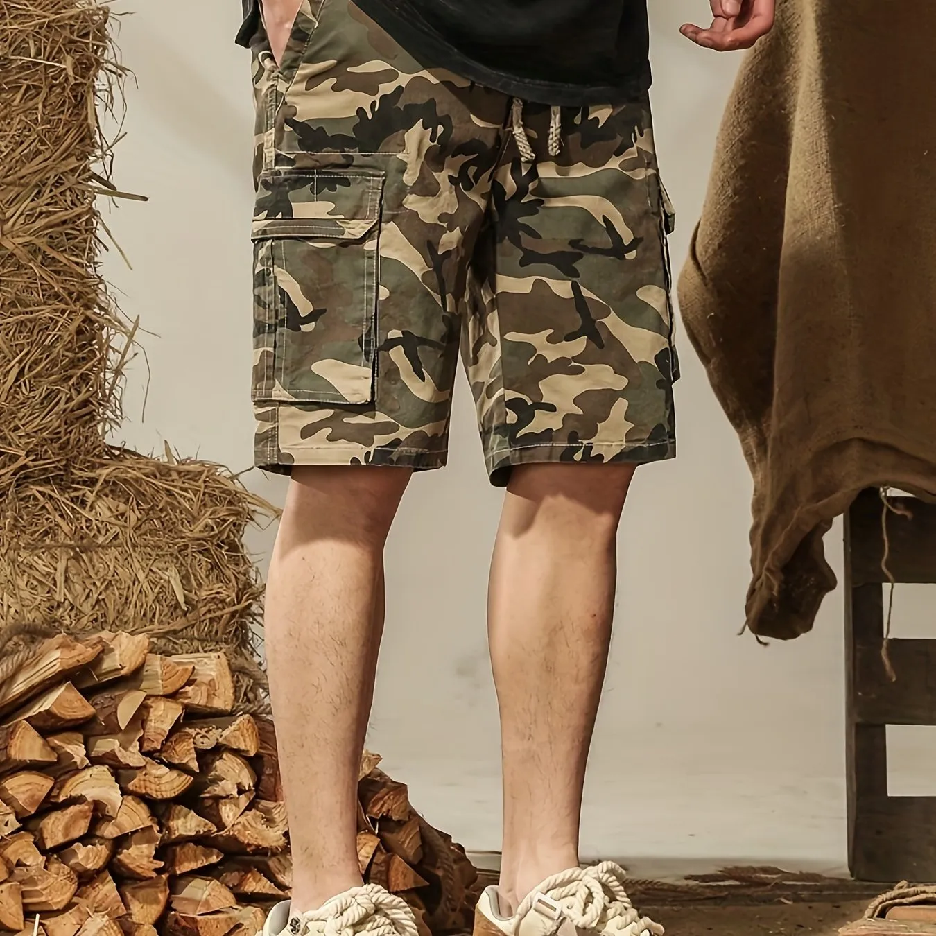 Men's Short Camouflage Print Cotton Cargo Shorts With Multi Pockets,