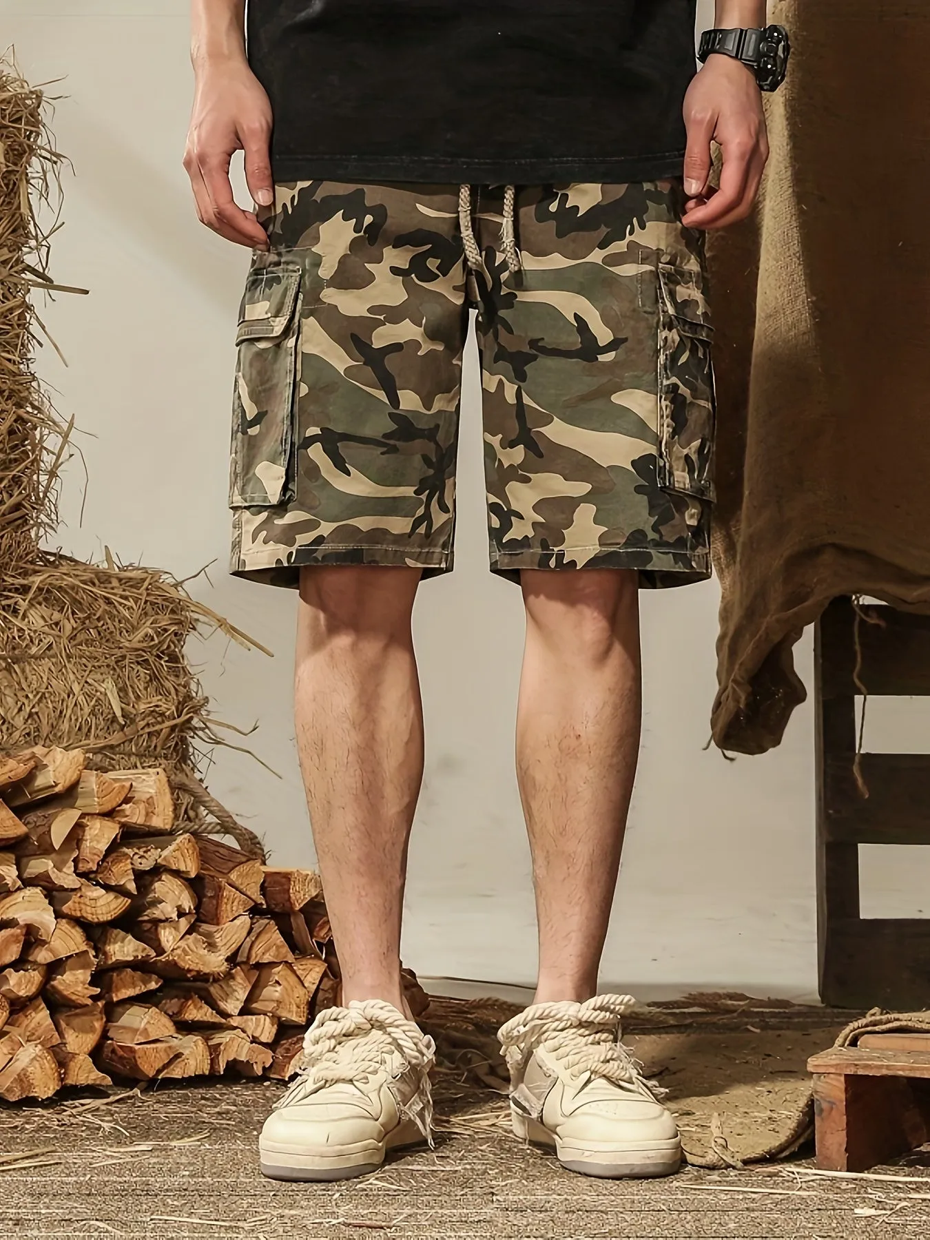 Men's Short Camouflage Print Cotton Cargo Shorts With Multi Pockets,