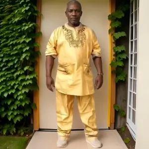 Men's Traditional African Outfit - Silky Goldish Tan Embroidered Dashiki Set