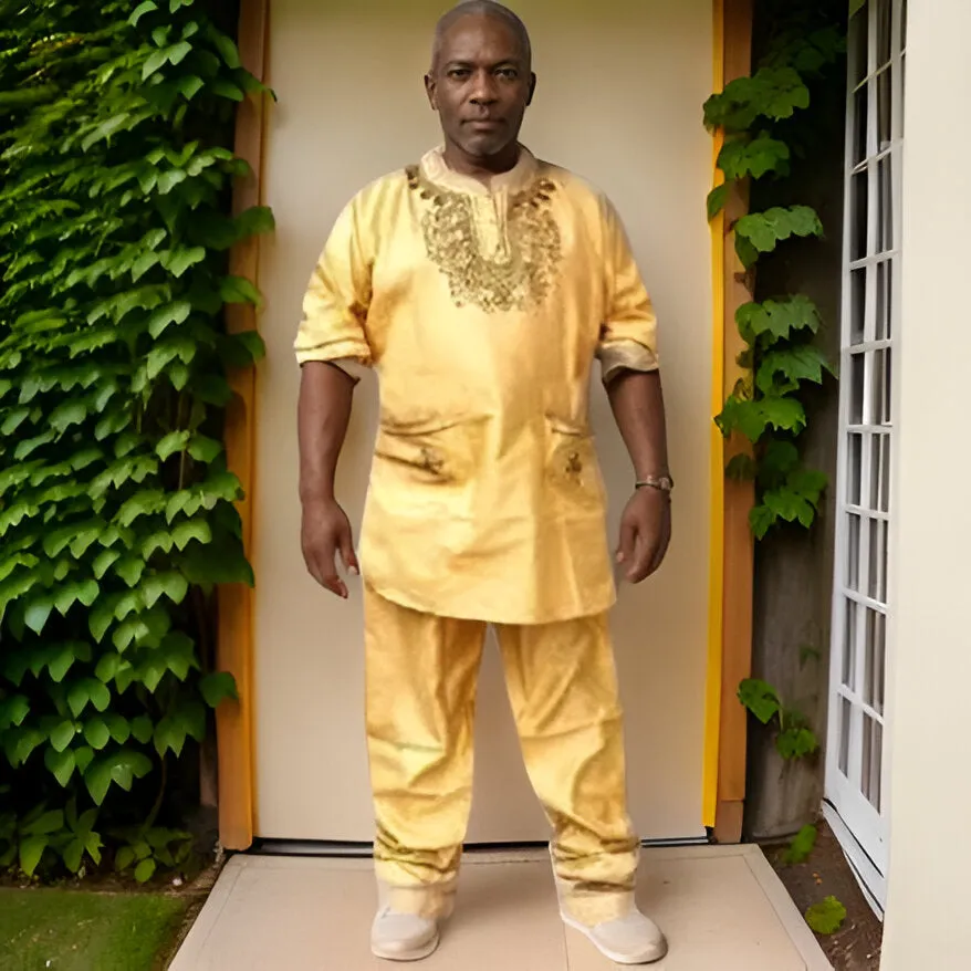 Men's Traditional African Outfit - Silky Goldish Tan Embroidered Dashiki Set