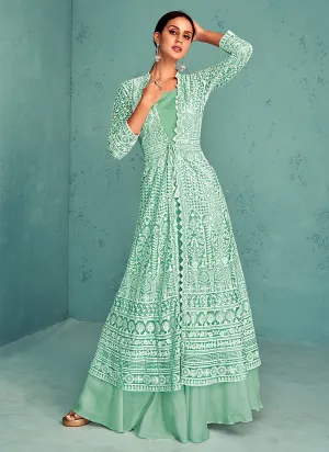 Mint Green Embroidered Jacket Style Lehenga