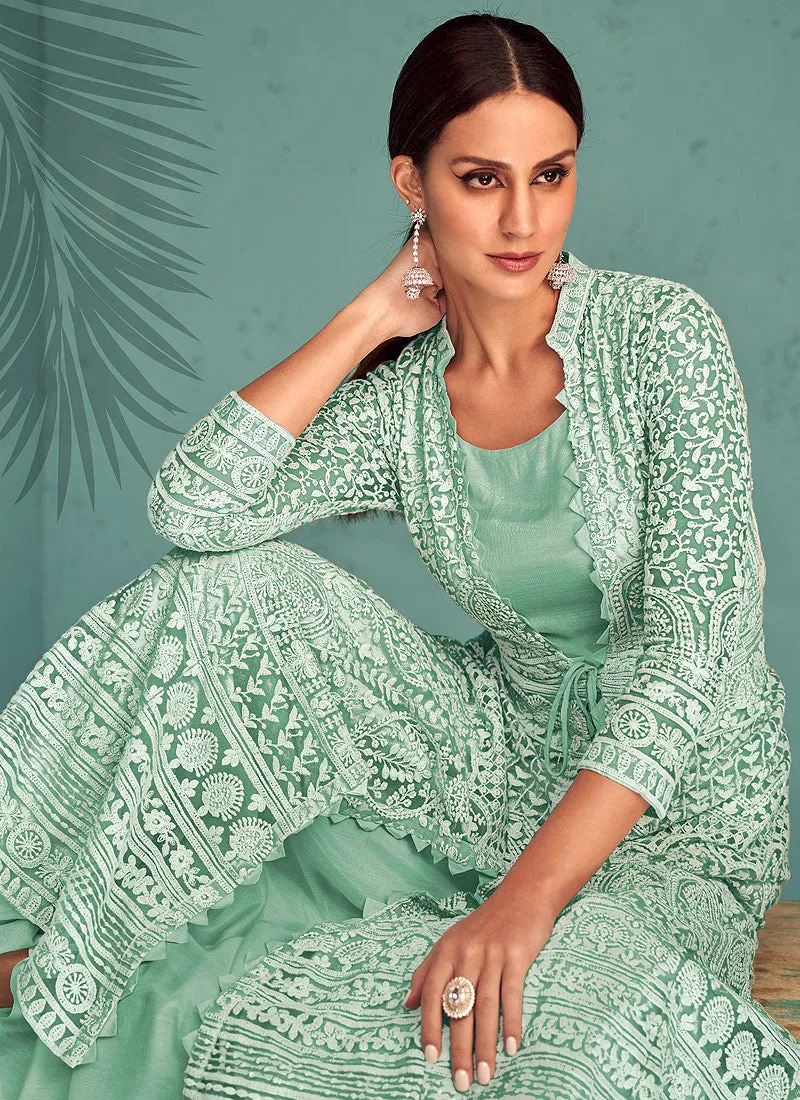 Mint Green Embroidered Jacket Style Lehenga