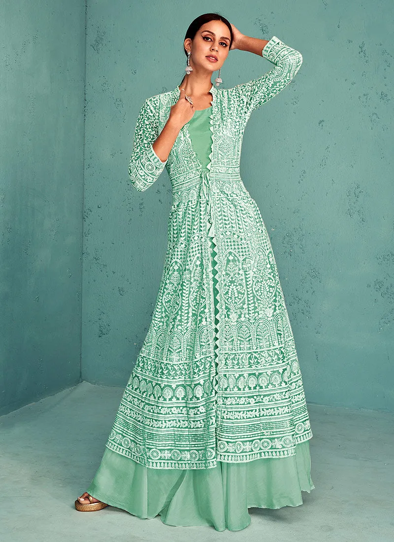 Mint Green Embroidered Jacket Style Lehenga