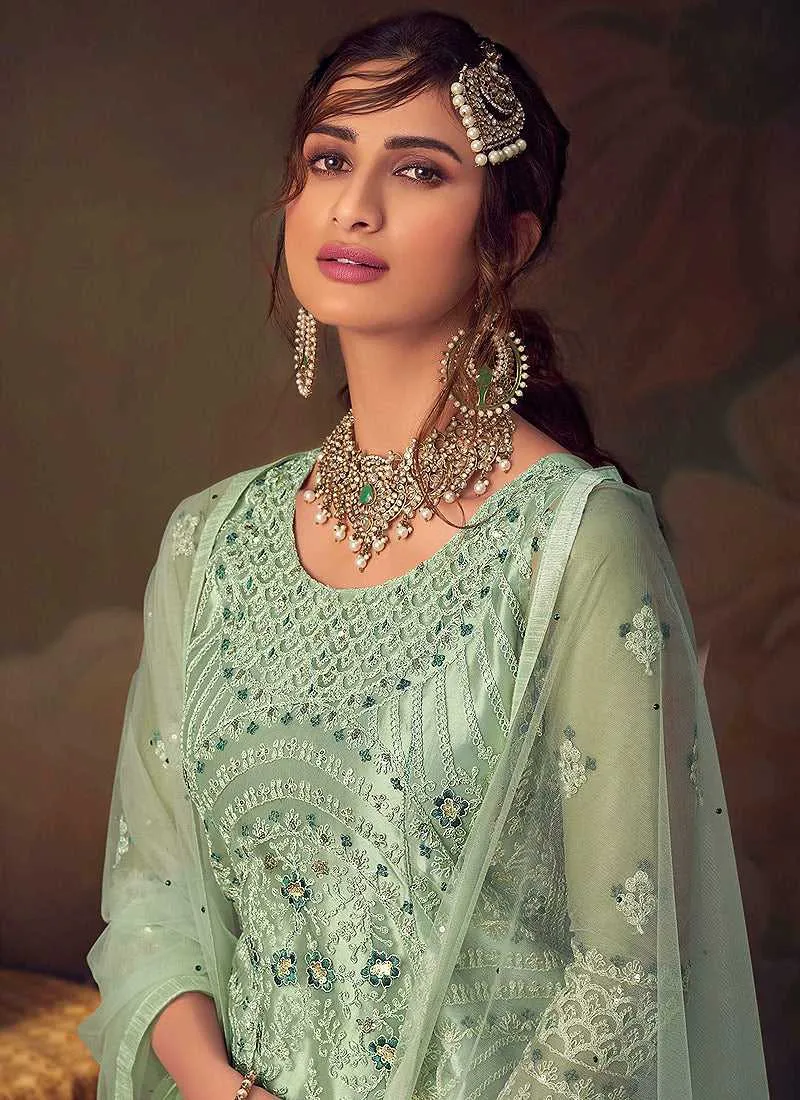 Mint Heavy Embroidered Net Sharara Style Suit