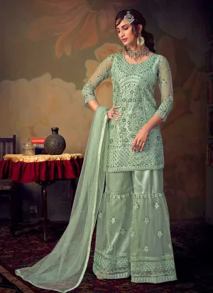 Mint Heavy Embroidered Net Sharara Style Suit
