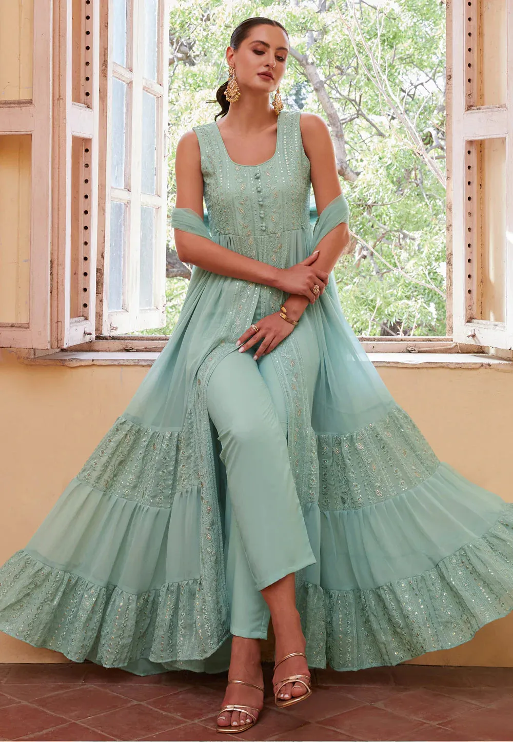 Modern Elegance Blue Embroidered Slit Style Anarkali
