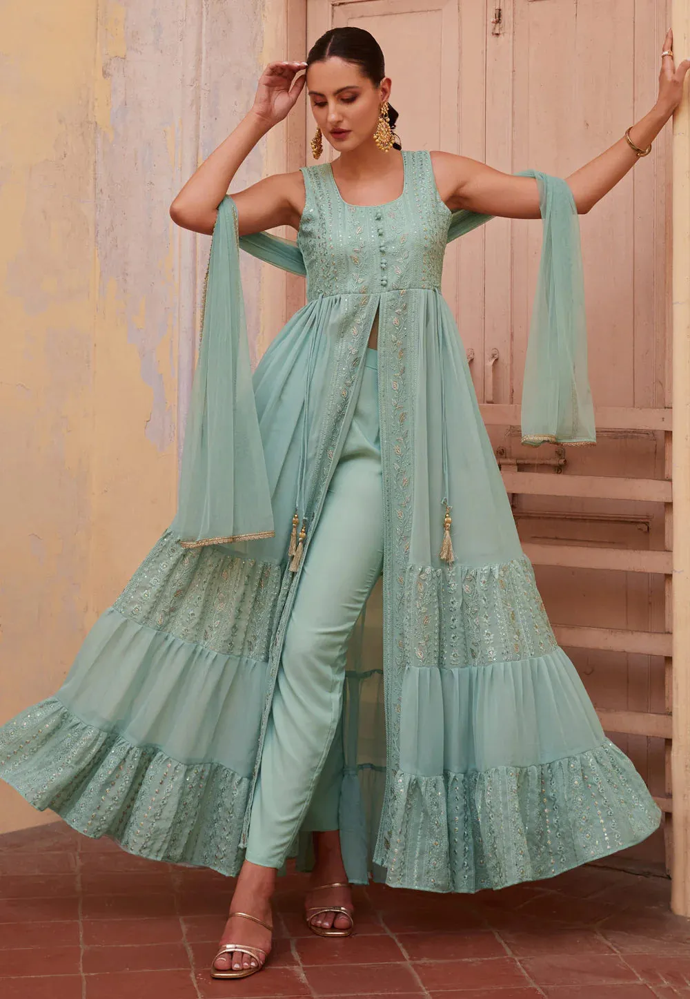 Modern Elegance Blue Embroidered Slit Style Anarkali