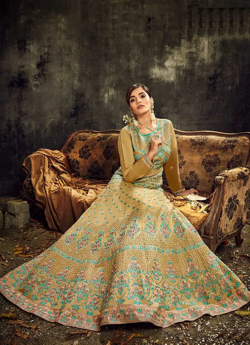 Mustard Embroidered Kalidar Anarkali Style Suit